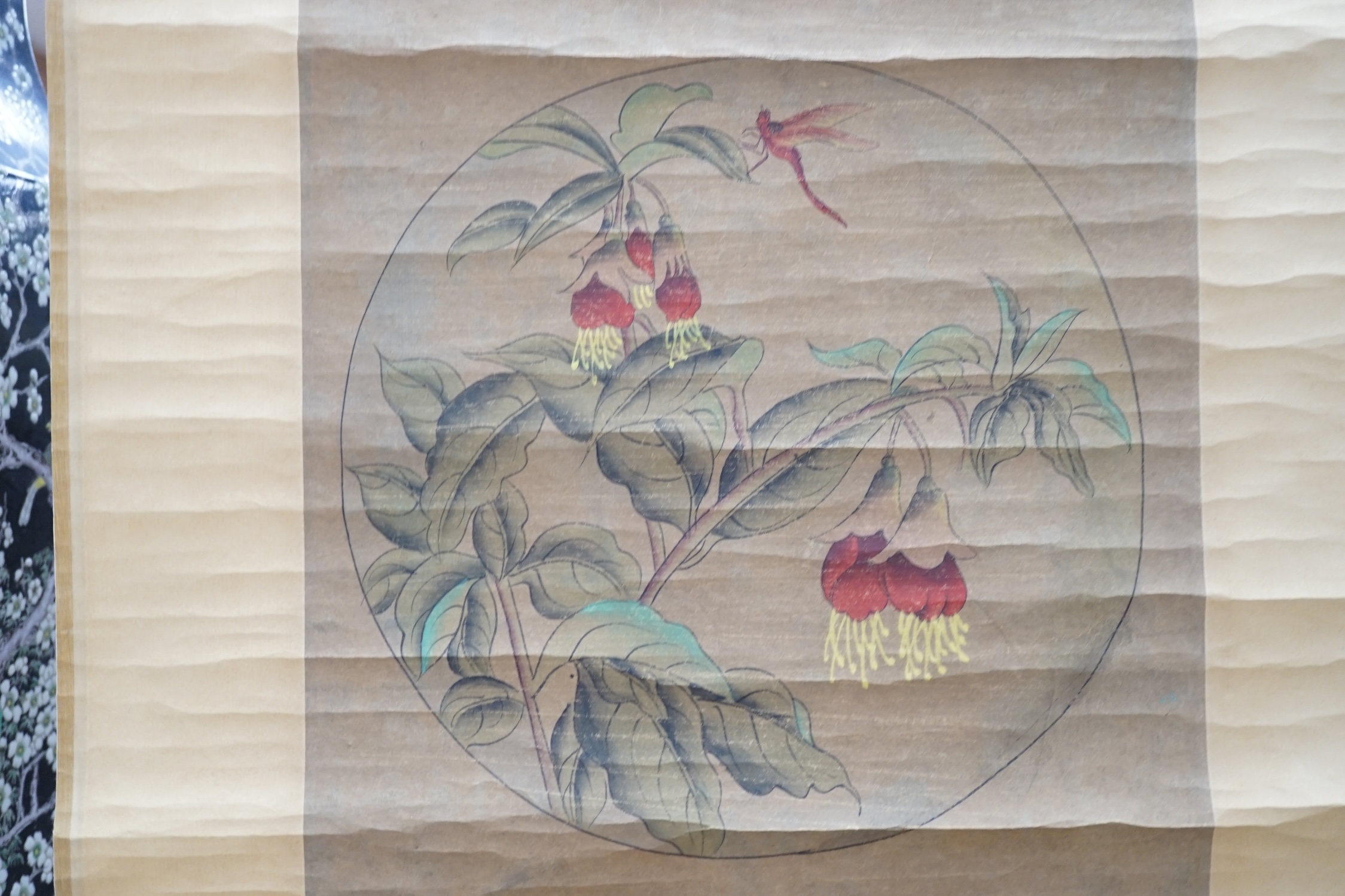 A pair of Chinese scroll pictures. Condition - fair